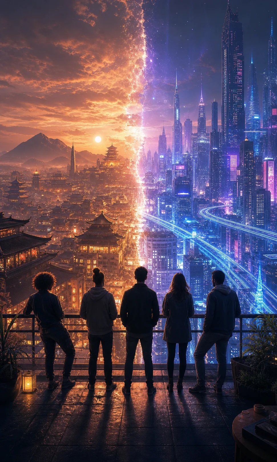 A creative team overlooking an ancient city and a neon metropolis divided by a luminous time rift
